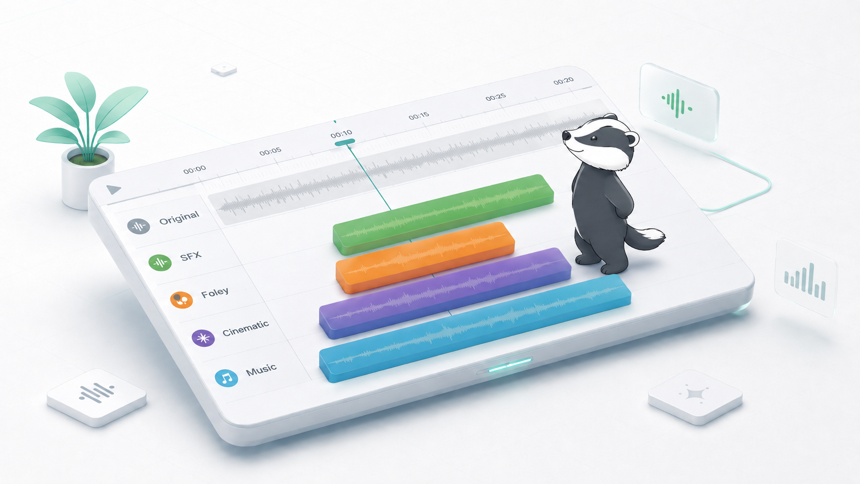 Completed audio timeline with badger character